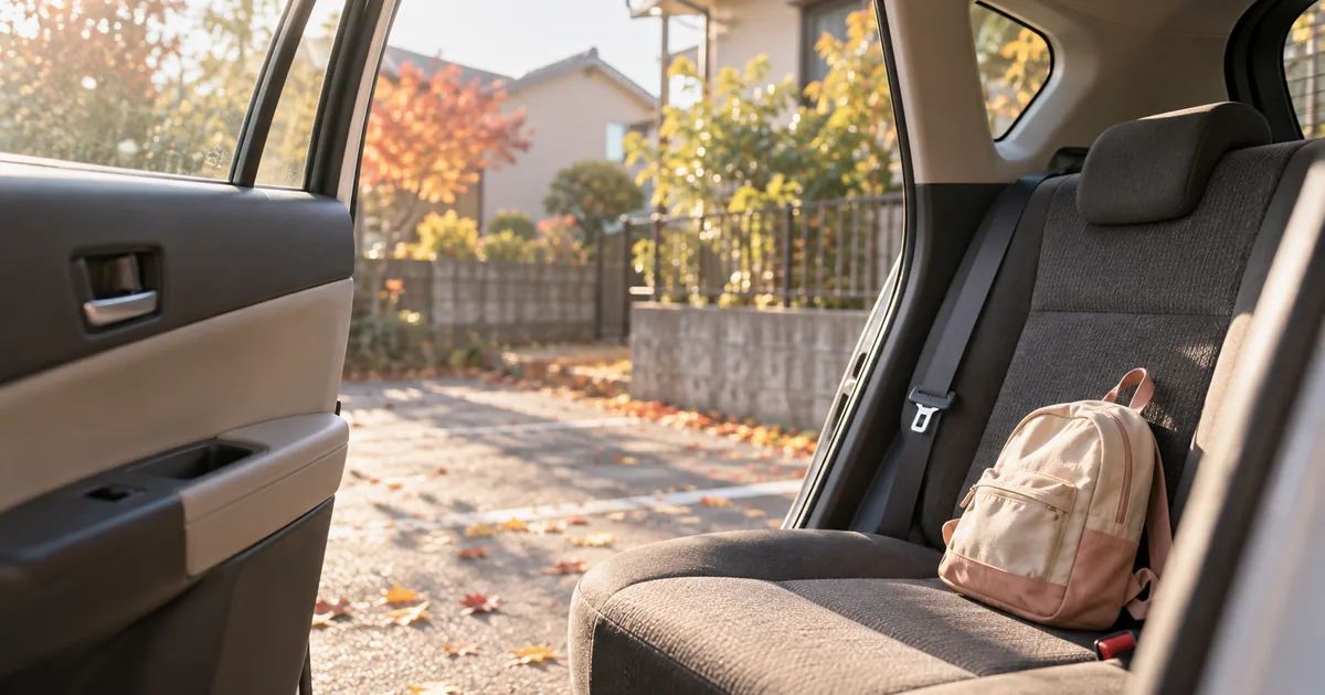 後部座席のドアが開いた車と子どものリュックのイメージ
