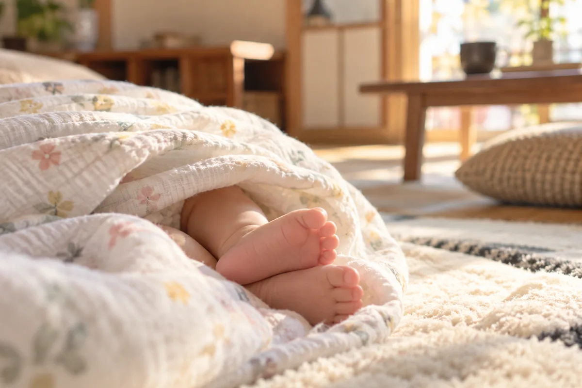 ブランケットにくるまれた赤ちゃんの足先のイメージ