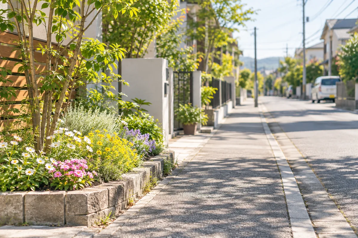 住宅街の歩道と花壇のイメージ
