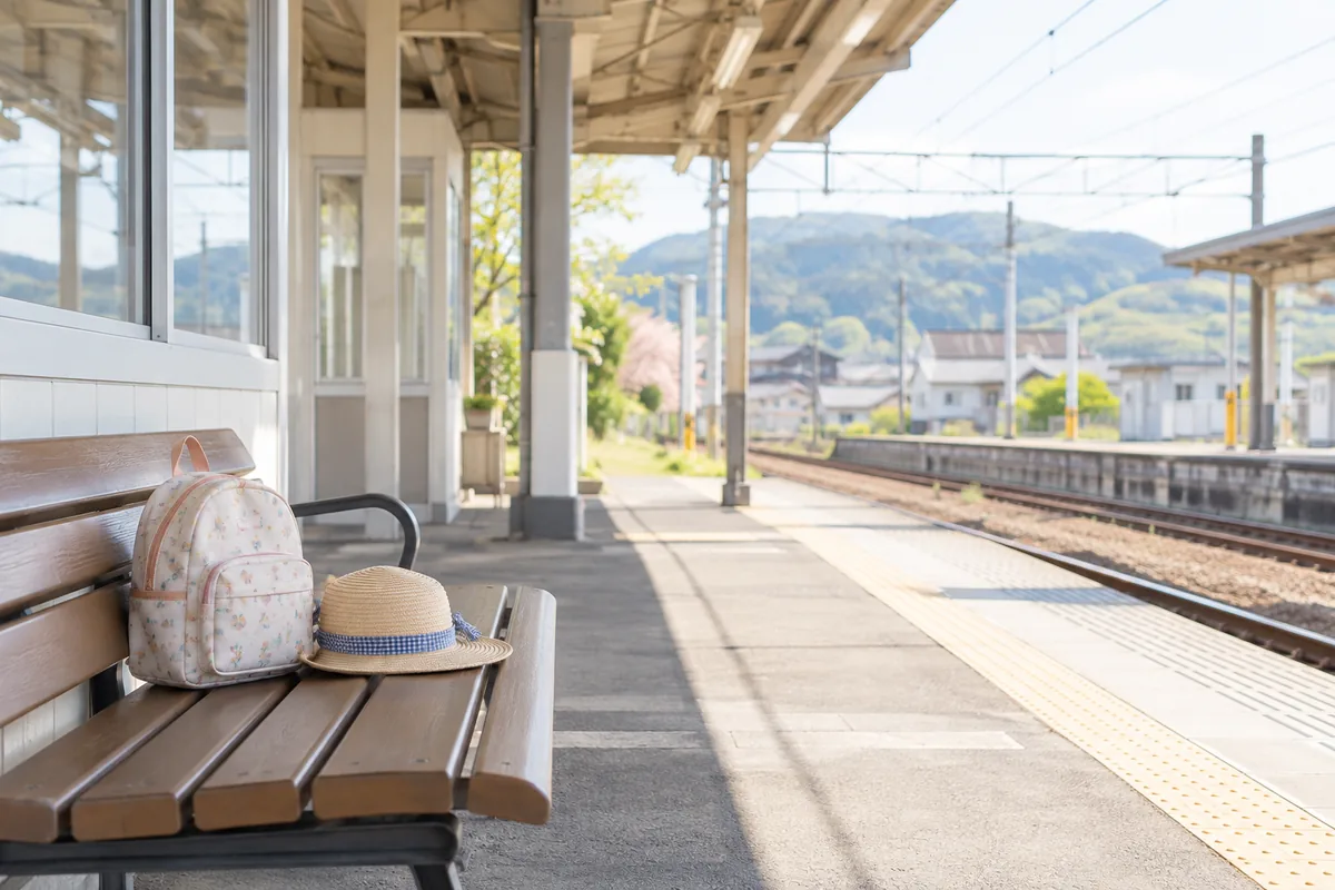 駅のホームに置かれた子ども用リュックのイメージ