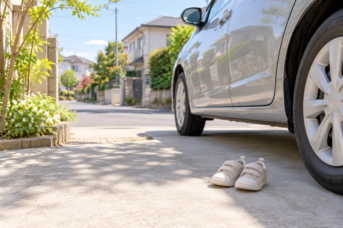 車の横にそろえた子どもの靴のイメージ