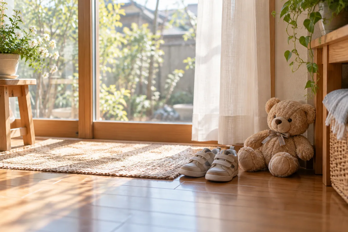 窓辺の子ども靴とぬいぐるみのイメージ