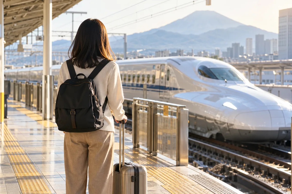 新幹線のホームで旅に出る後ろ姿のイメージ