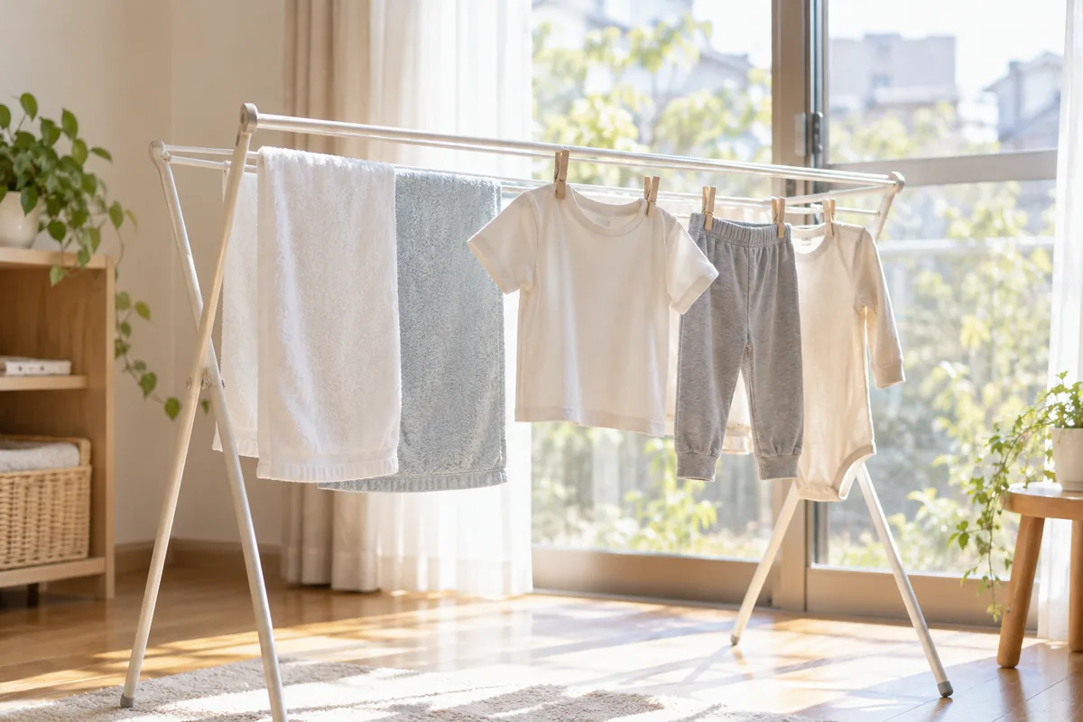 窓辺に干された子ども服のイメージ