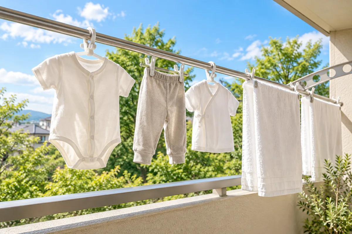 ベランダに干されたベビー服とタオルのイメージ