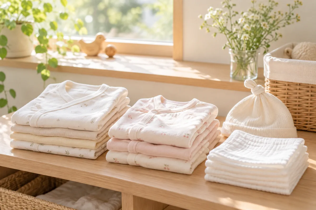 出産準備のベビー服が並ぶ棚のイメージ
