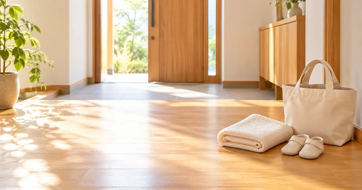 玄関に置かれたおくるみとベビーシューズのイメージ