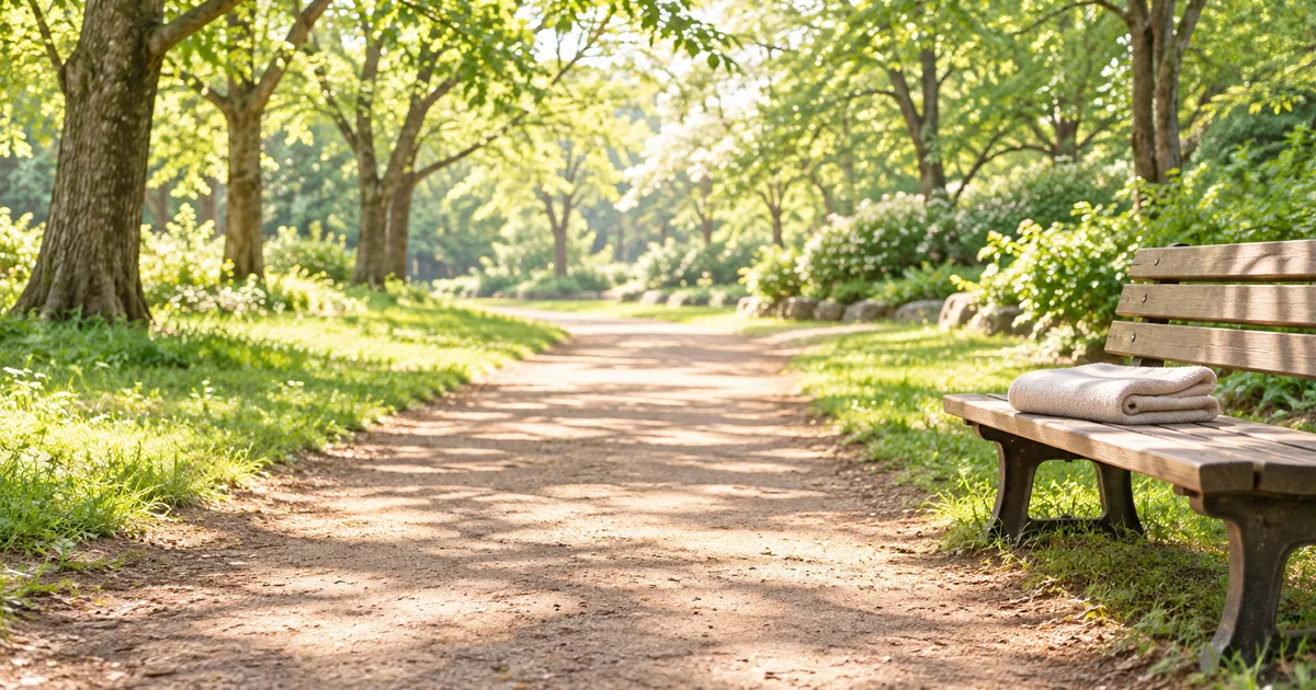 朝の公園の小道とベンチのブランケットのイメージ