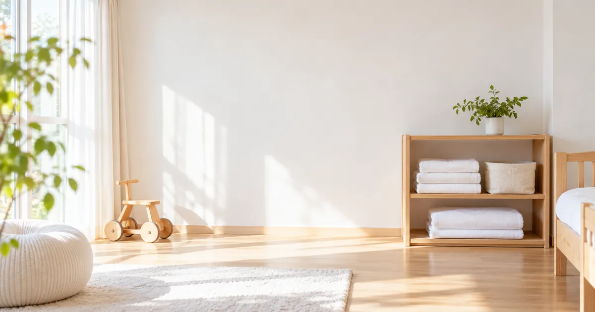 子ども部屋の棚に置かれたタオルと布かごのイメージ