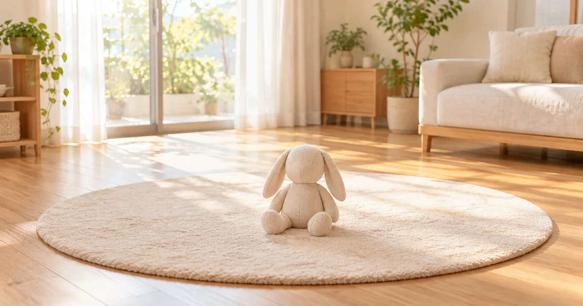 リビングの床に置かれたラグとぬいぐるみのイメージ