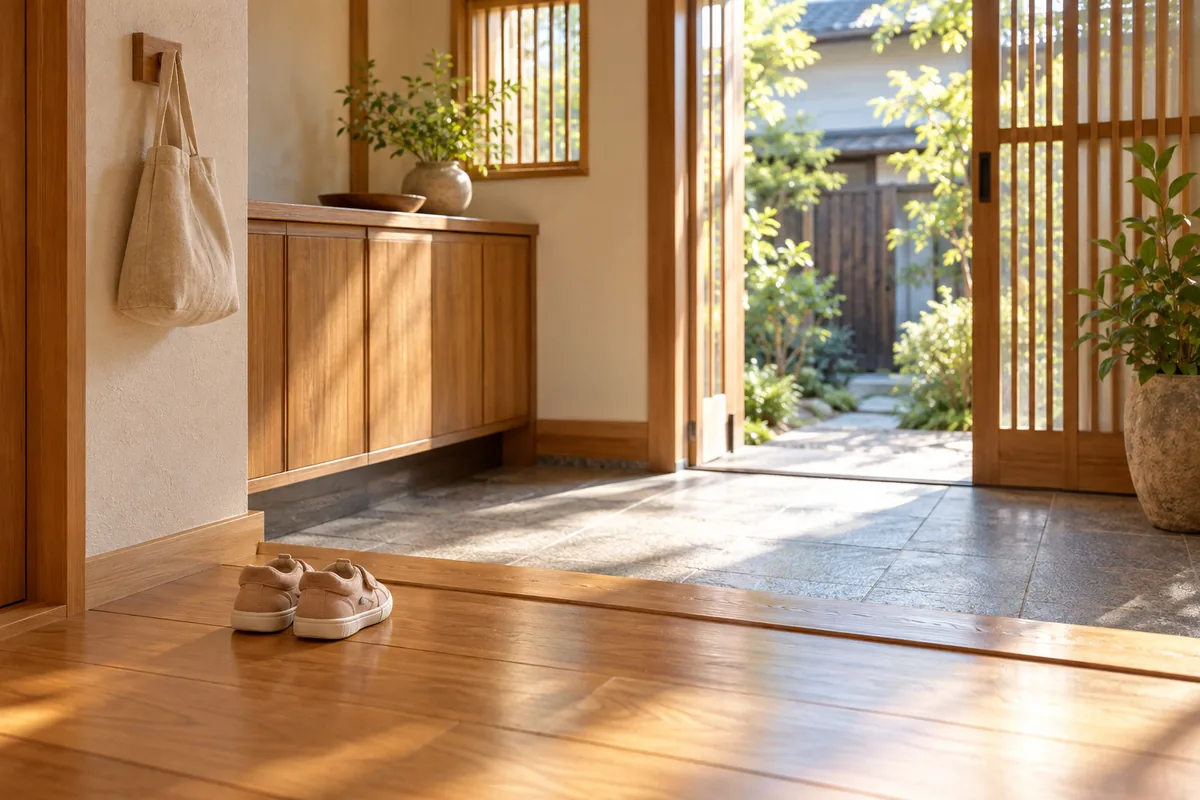 玄関に置かれた子どもの靴と布のバッグのイメージ