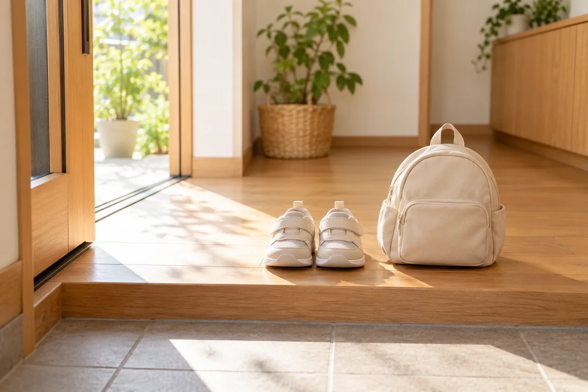 玄関に置かれた子どもの靴とリュックのイメージ