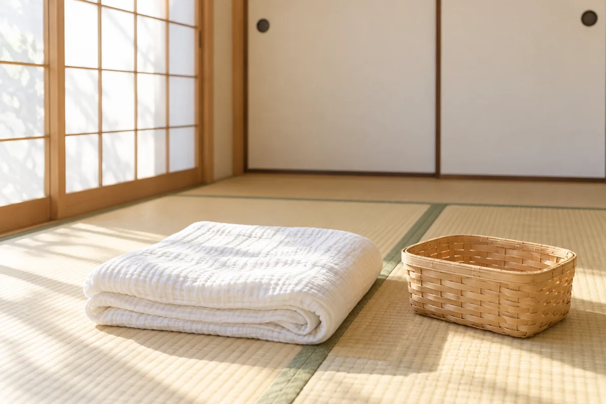 和室に置かれたガーゼケットとかごのイメージ