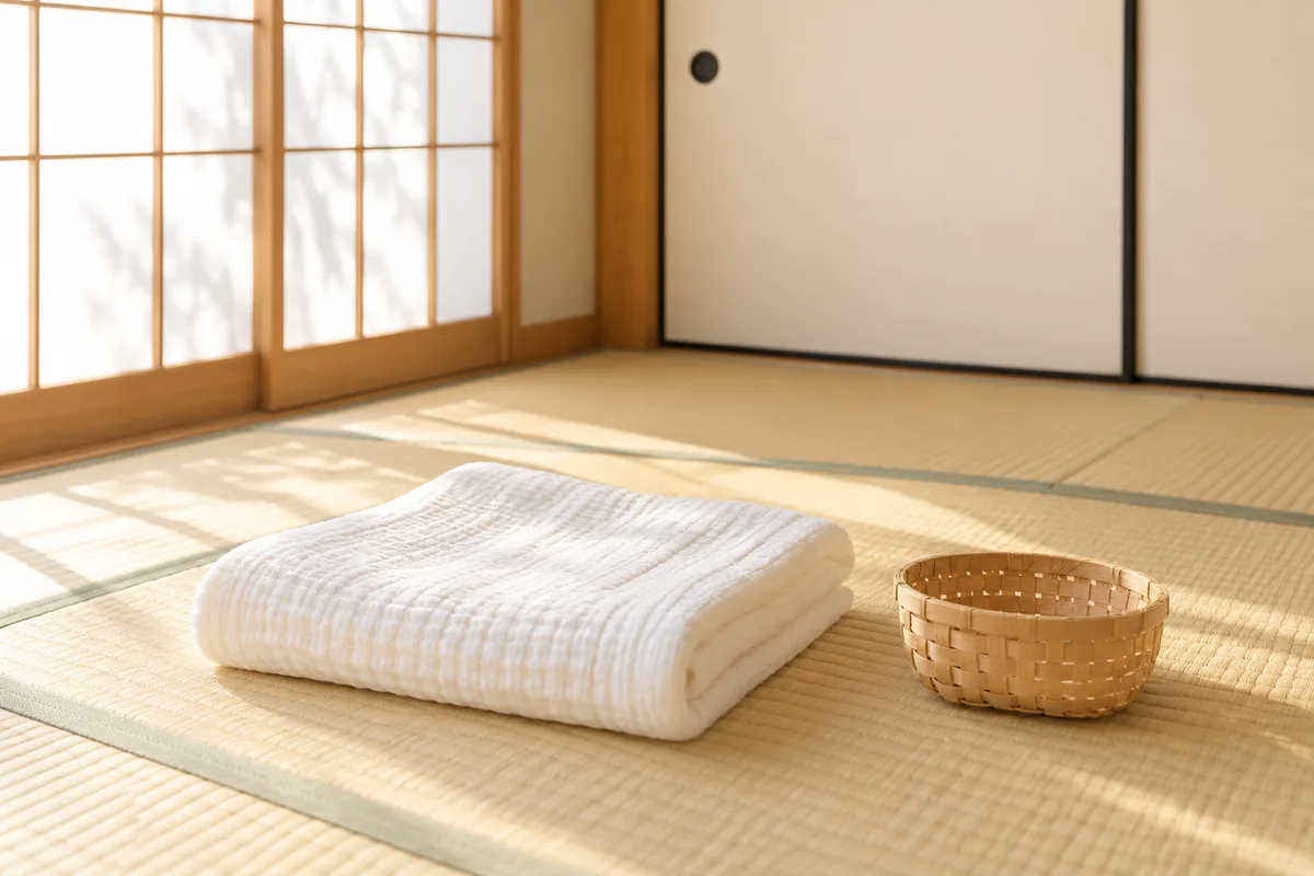 和室に置かれたガーゼケットとかごのイメージ