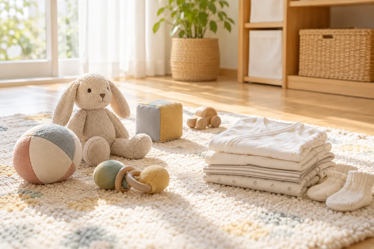 ラグに置かれた布のおもちゃと肌着のイメージ