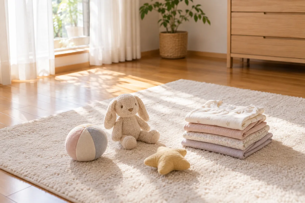 ラグに置かれた布のおもちゃと子ども服のイメージ