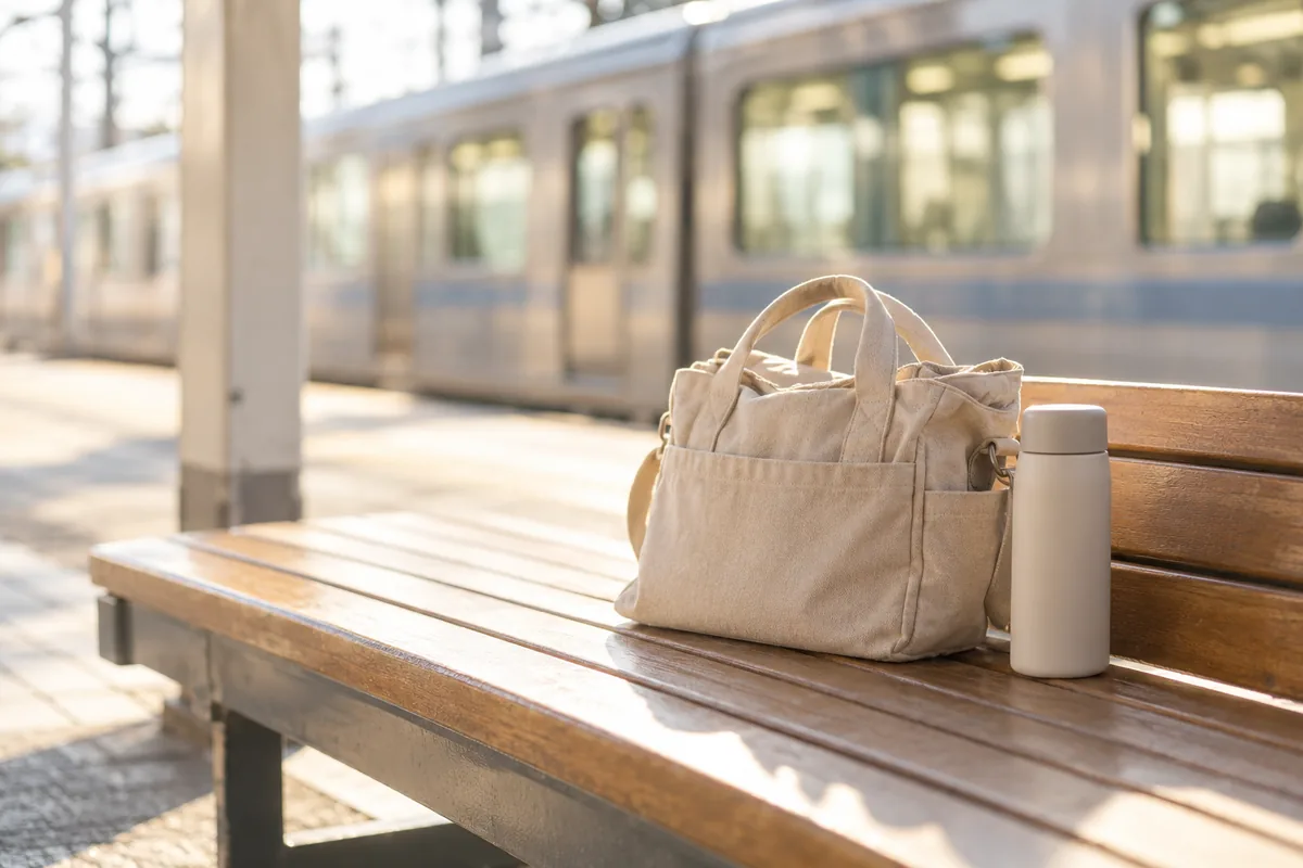 駅のベンチに置かれたマザーズバッグのイメージ