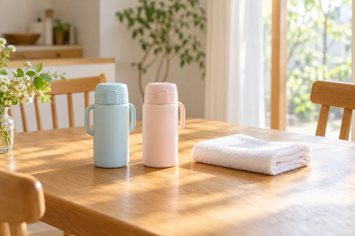 テーブルに並んだ2本の水筒のイメージ