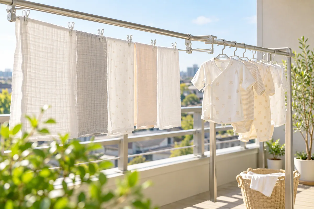 ベランダに干したベビー服と布のイメージ