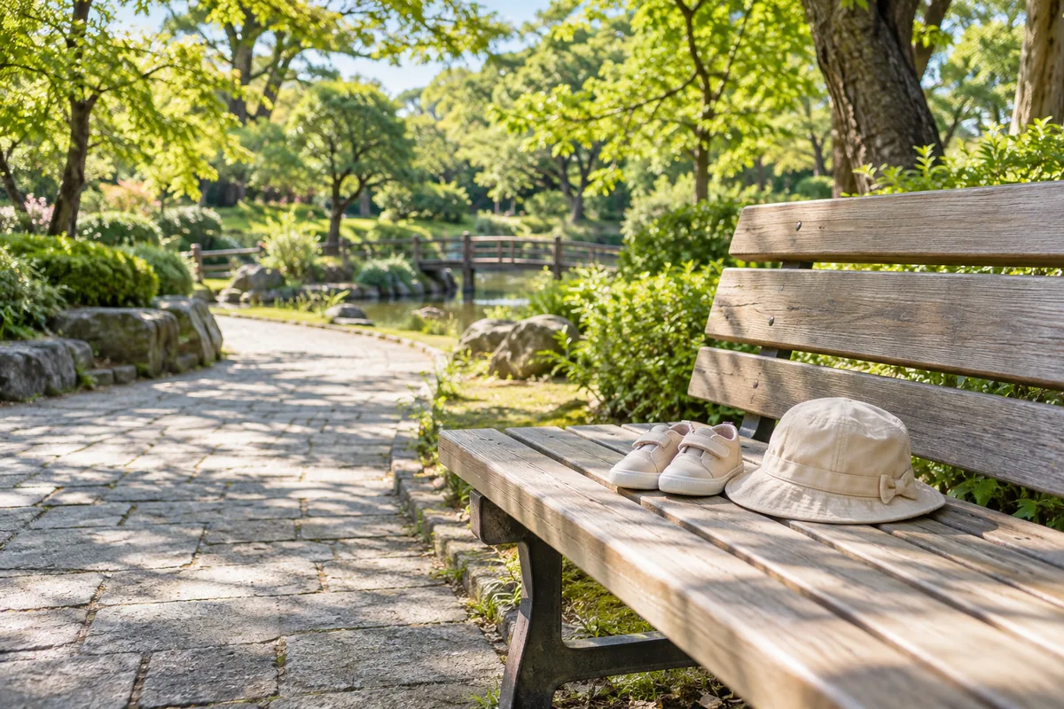 公園のベンチに置かれた子ども用の靴と帽子のイメージ