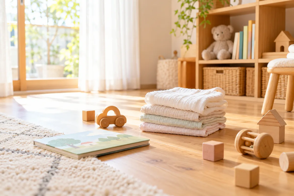 子ども部屋の床に置かれたガーゼとおもちゃのイメージ