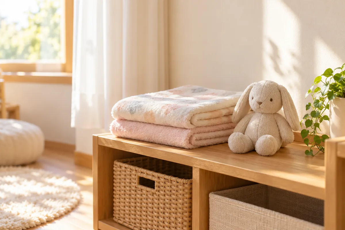 棚に置かれたブランケットとぬいぐるみのイメージ