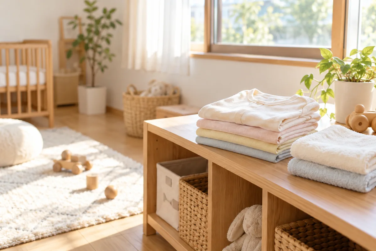 棚に置かれたベビー服とタオルのイメージ