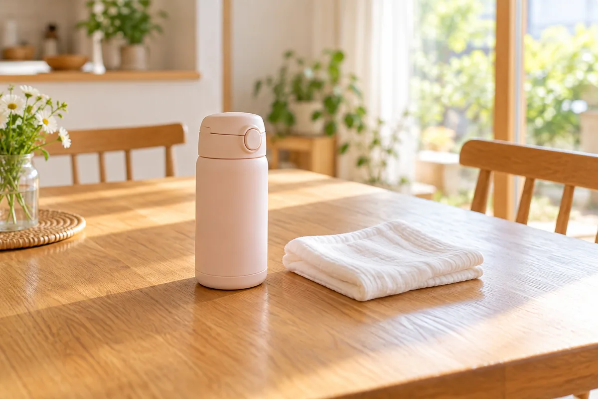 テーブルに置かれた水筒とガーゼのイメージ